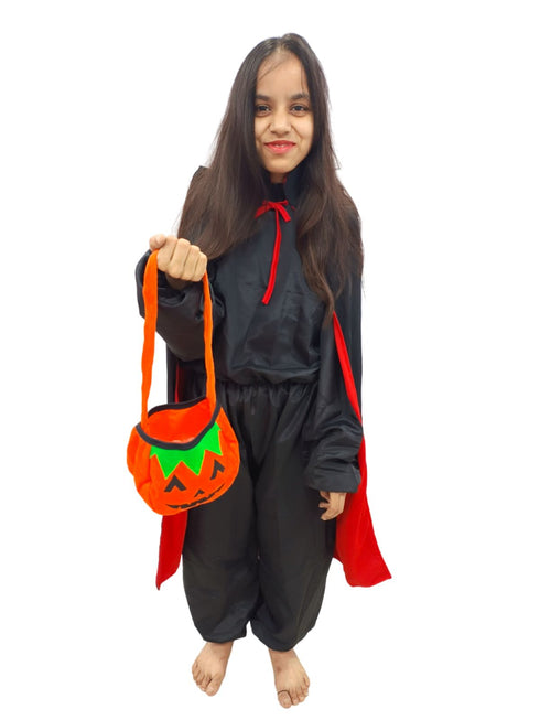 BookMyCostume Buy Black & Red Reversible Dracula Vampire Cape Cloak with Pumpkin Basket Halloween Party Costume Accessory for Boys & Girls